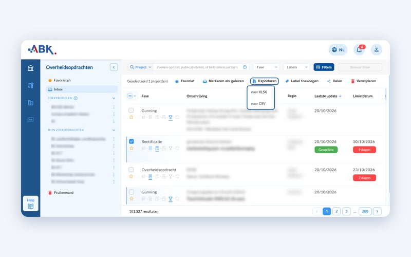 De knop Exporteren met de keuze naar XLSX of naar CSV