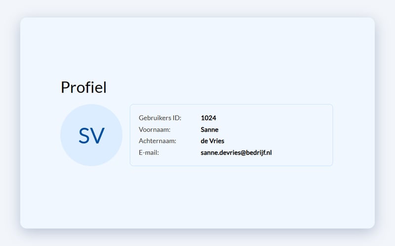 Het profiel met gebruikers-ID, voornaam, achternaam en e-mailadres