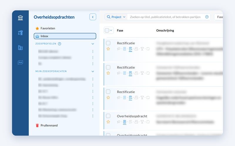 Het overzicht van tenders met het menu links